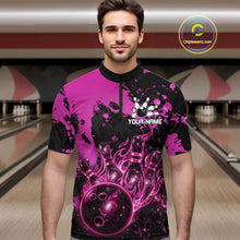 Load image into Gallery viewer, Male bowler wearing Black and Pink Galaxy bowling jersey during bowling tournament and league competition