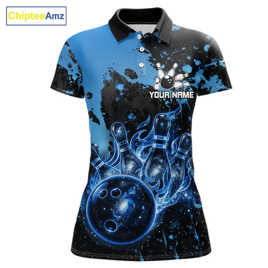 Black and Blue Splatter Galaxy women's bowling polo shirt personalized bowling team jersey, professional bowling uniform