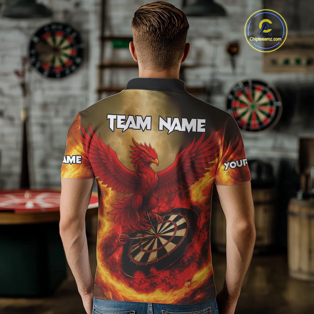 Red Phoenix & Flame Dartboard Men's Darts 1/4-Zip Shirt - Custom Name For Players NYN0765