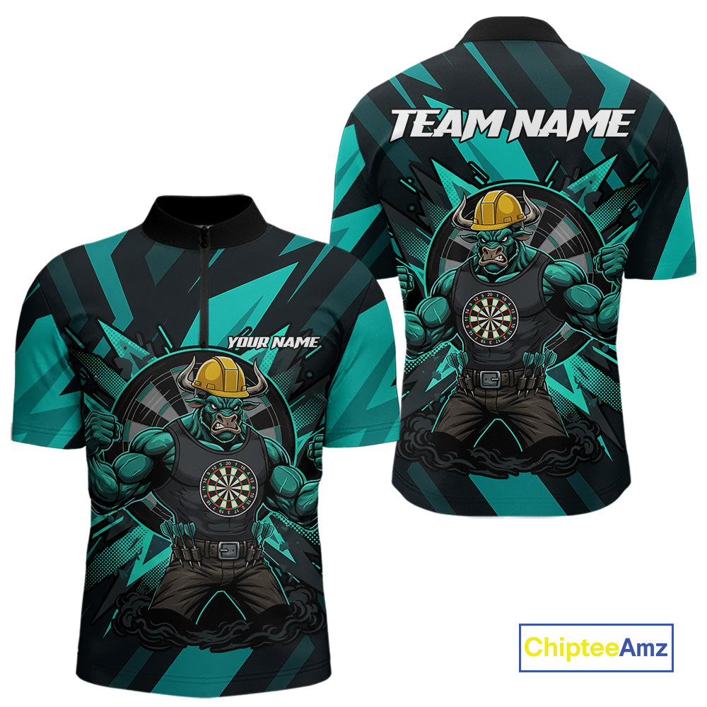 Turquoise Funny Muscle Bull Dartboard Custom Funny Darts Quarter-Zip Shirt For Men Dart Jerseys NYN1955