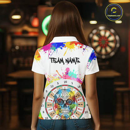 Custom Colorful Splatter Skull Dartboard Women Darts Polo Team Shirts Dart Jerseys | White NYN2211