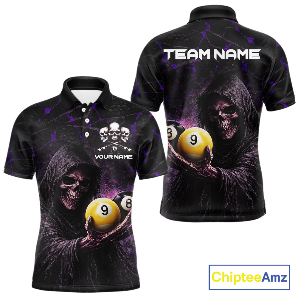 Purple Grunge Grim Reaper Hold 8 Ball & 9 Ball Pool Men Billiard Shirt Custom Billiard Team Attire NYN2702