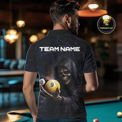 Blue Grunge Grim Reaper Hold 8 Ball & 9 Ball Pool Men Billiard Shirt Custom Billiard Team Attire NYN2703