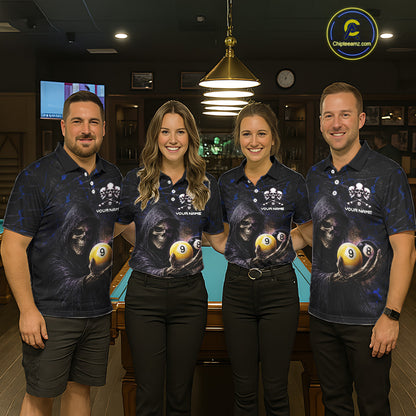Blue Grunge Grim Reaper Hold 8 Ball & 9 Ball Pool Men Billiard Shirt Custom Billiard Team Attire NYN2703