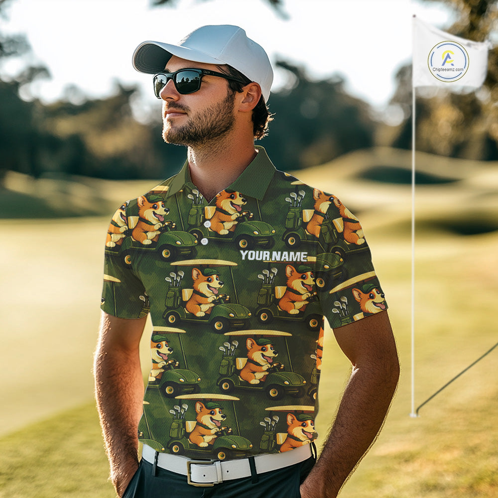 Funny Mens Golf Polo Shirt Custom Brown And Green Golfing Dog Pattern Golf Clothing Shirts NYN2872