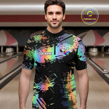 Load image into Gallery viewer, Custom Rainbow Holographic Splatter Bowling Shirts For Men, Colorful Bowling Pin And Ball Jersey NYN3072