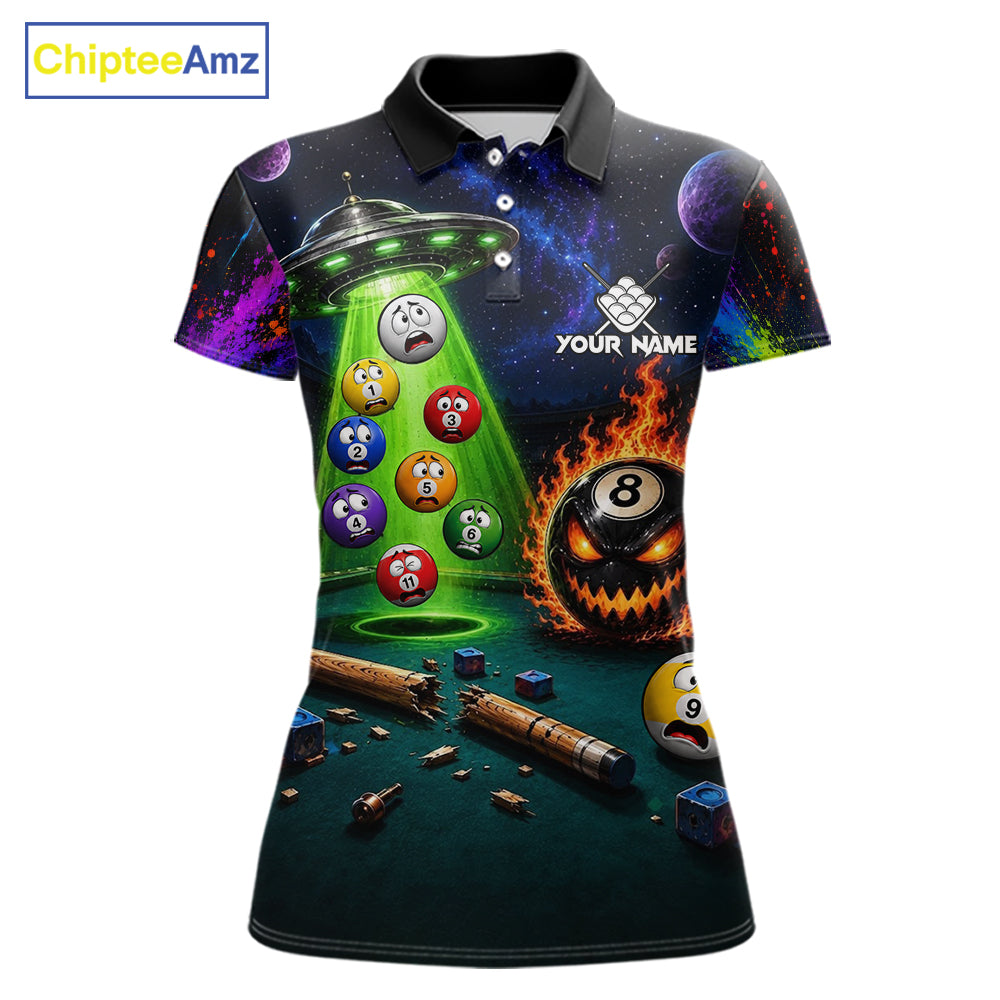 Galaxy UFO Alien Pool Billiard Polo featuring alien mascot, galaxy background, flaming 8 Ball artwork, personalized billiard team jersey, gaming-inspired sportswear, sci-fi apparel, esports aesthetic, custom cue sports clothing.