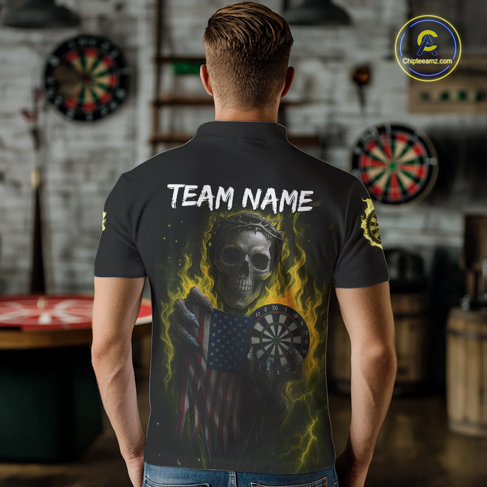 Custom Yellow Flames Skeleton USA Flag Dart Men Polo Jerseys Patriotic Dart Team Shirt NYN1700