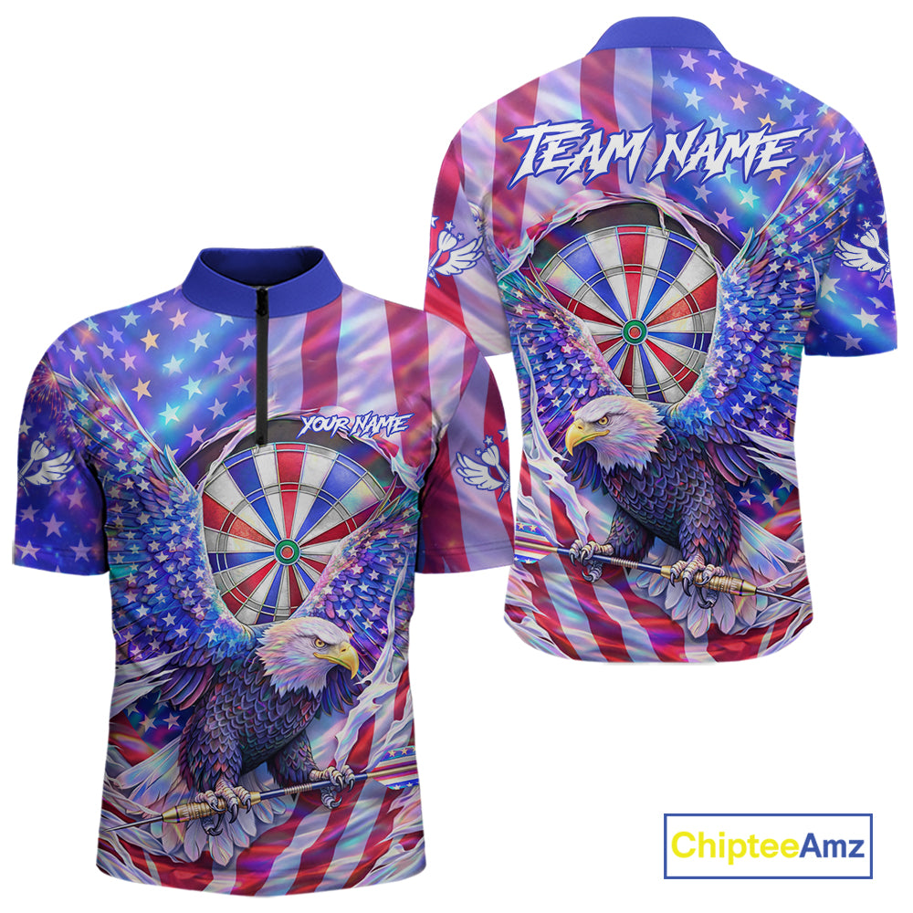 Funny Eagle Freedom Patriotic Darts Quarter-zip Shirt For Men Custom Holographic US Flag Dart Jerseys NYN2520