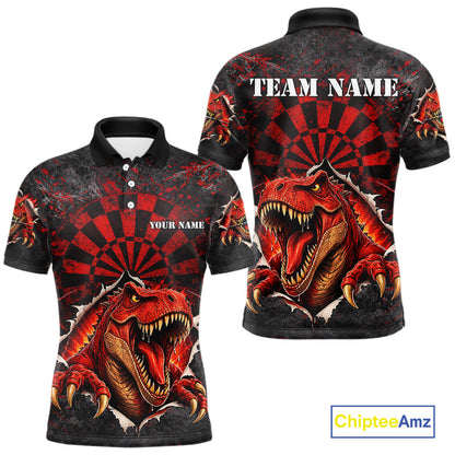 Custom Red Grunge Dart Polo & Quarter Zip Shirt For Men Dinosaur Funny Darts Team Jersey NYN2868