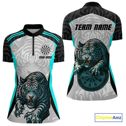 Women’s Darts Team Shirt Turquoise Tiger And Dartboard With Name Option NYN0307