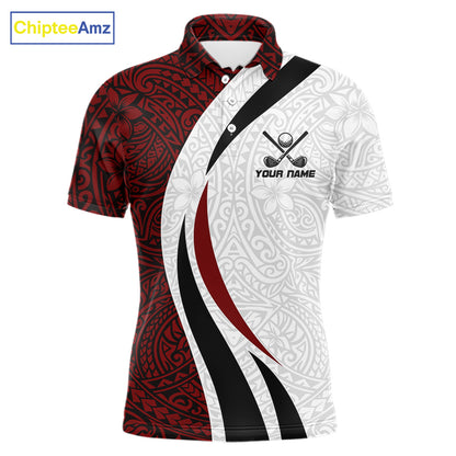 Tribal Pattern Men's Golf Polo Shirt mockup in black red white colors, personalized golf shirt, custom golf team jersey, moisture-wicking polo, golf tournament apparel, tribal geometric golf clothing.
