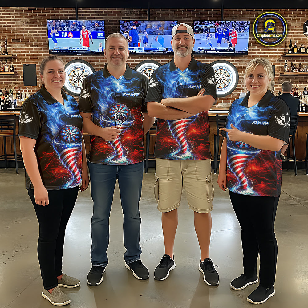 Blue & Red US Flag Dartboard Tornado Men Darts Polo Shirt Custom Patriotic Dart Team Jerseys NYN2524