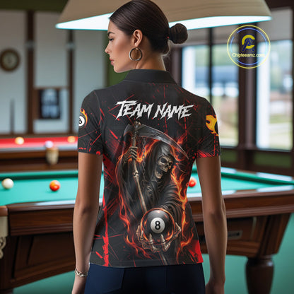 Fire Flame 8 Ball Pool Women Billiard Shirt Custom Red Grunge Grim Reaper Billiard Jersey For Pooler NYN3087