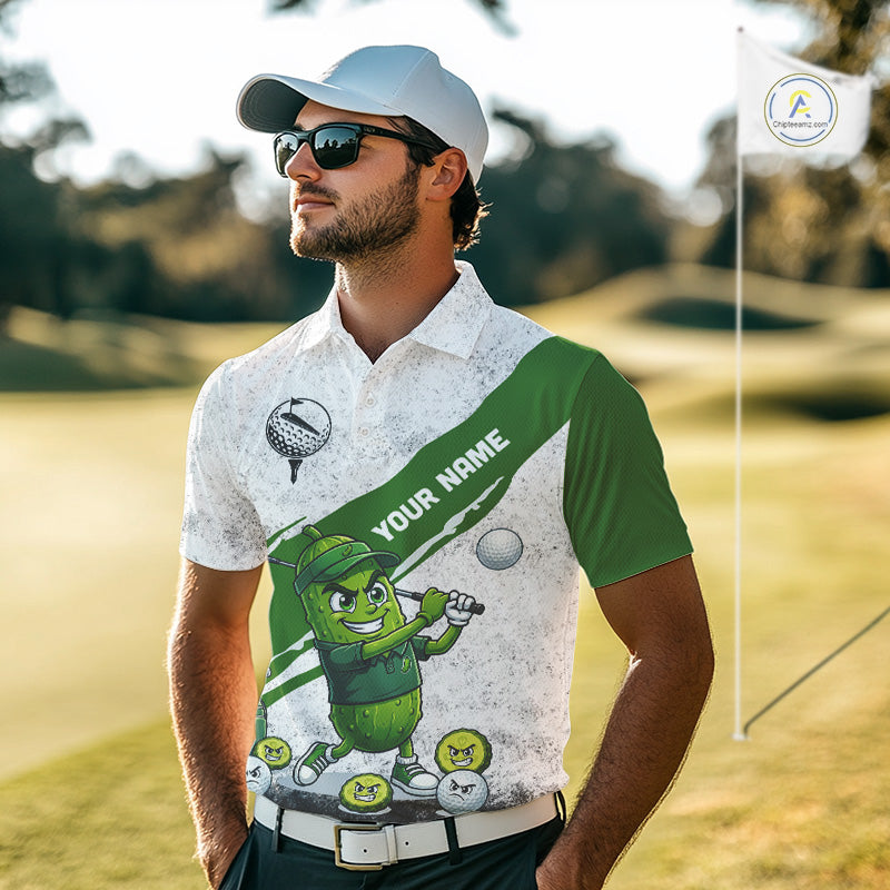 Funny Pickle Mens Golf Polo Team Shirt Custom Green And White Grunge Clothing Golf Tops NYN3261