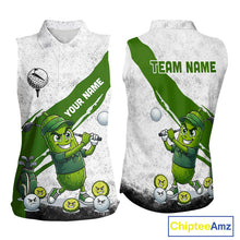 Load image into Gallery viewer, Funny Pickle Womens Golf Sleeveless Polo Shirt Custom Green And White Grunge Clothing Golf Tops NYN3261