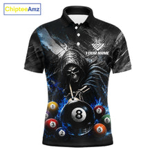 Load image into Gallery viewer, Blue White Smokes Grim Reaper men's billiard polo shirt custom 8 ball pool jersey, personalized billiards team uniform