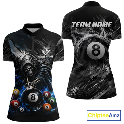 Blue White Smokes Grim Reaper women's quarter zip billiard shirt custom pool team jersey, cue sports apparel