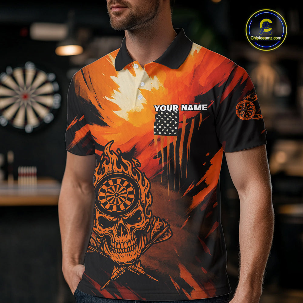 Custom Orange Grunge Skull Dartboard Patriotic Dart Men Polo Jerseys US Flag Dart Shirt NYN1713
