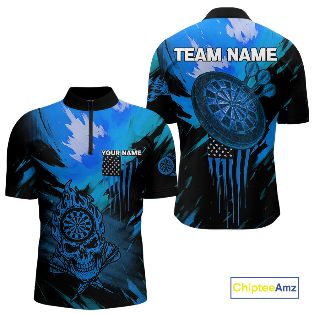 Custom Blue Grunge Skull Dartboard Patriotic Dart Men 1/4-Zip Jerseys US Flag Dart Shirt NYN1715