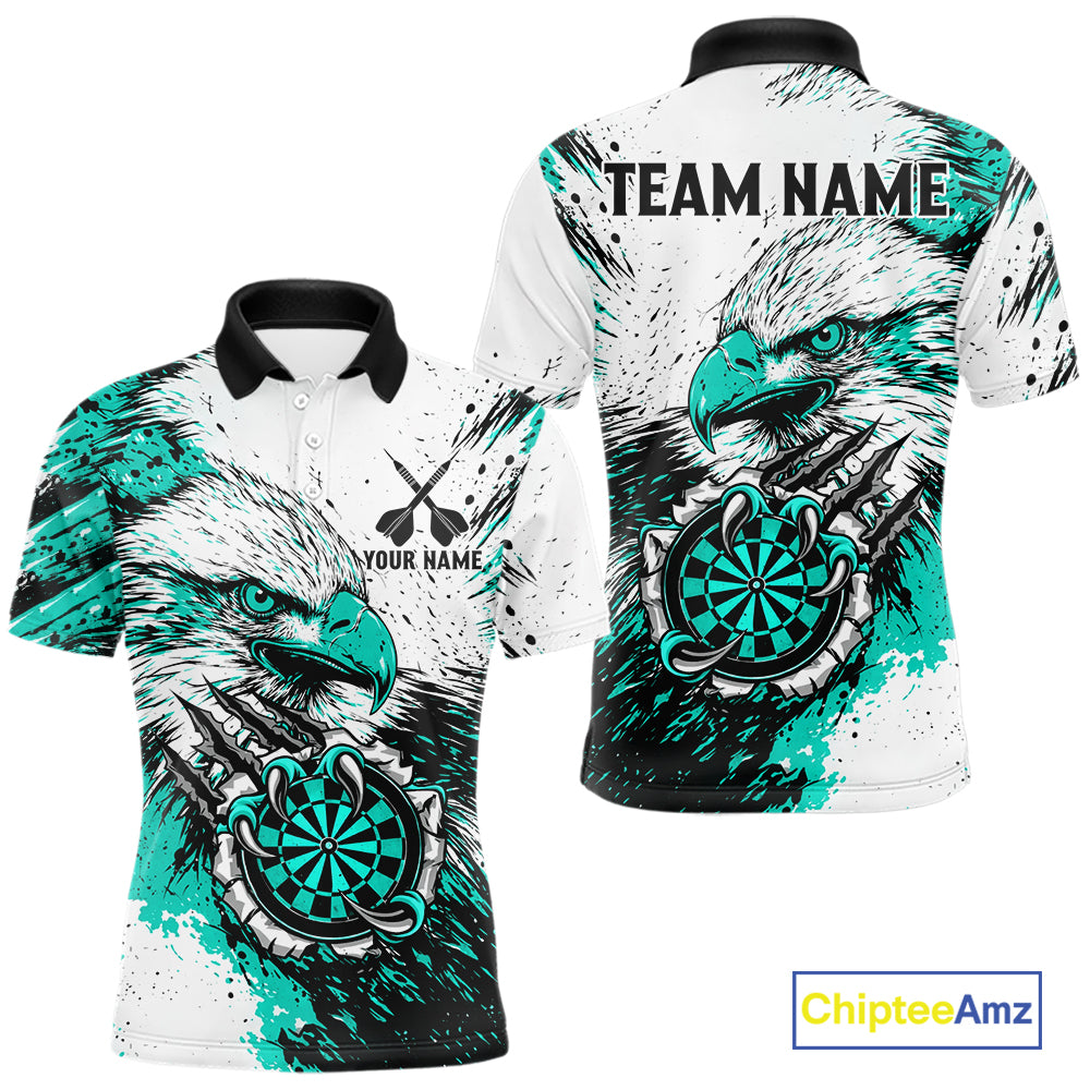Custom Turquoise Grunge Eagle Scratch Dartboard men's darts polo shirt, personalized dart team jersey, custom dart uniform, dart league apparel, tournament darts shirt, professional dartboard polo