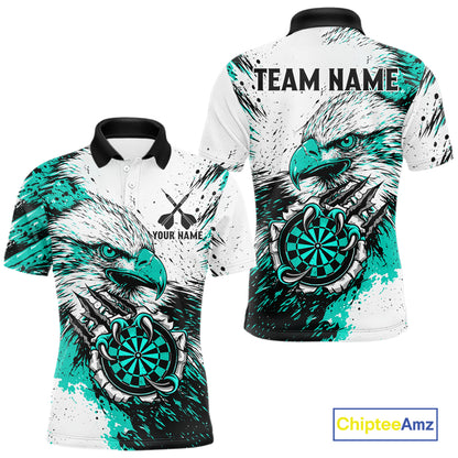 Custom Turquoise Grunge Eagle Scratch Dartboard men's darts polo shirt, personalized dart team jersey, custom dart uniform, dart league apparel, tournament darts shirt, professional dartboard polo