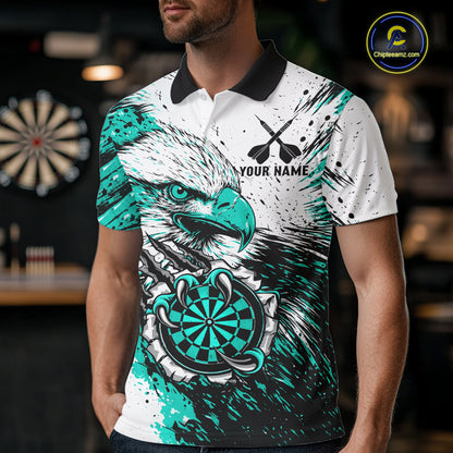 Male darts player wearing Custom Turquoise Grunge Eagle Scratch Dartboard darts jersey during league match and tournament competition, personalized dart apparel