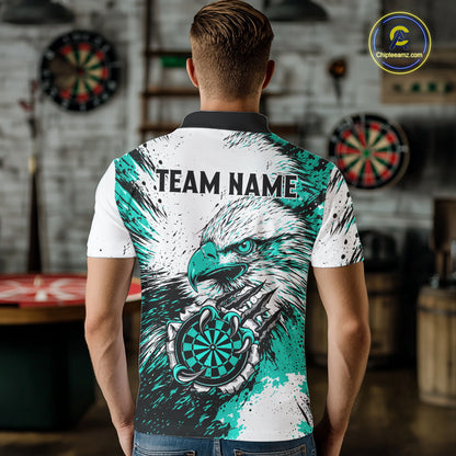 Male darts player wearing Custom Turquoise Grunge Eagle Scratch Dartboard darts jersey during league match and tournament competition, personalized dart apparel