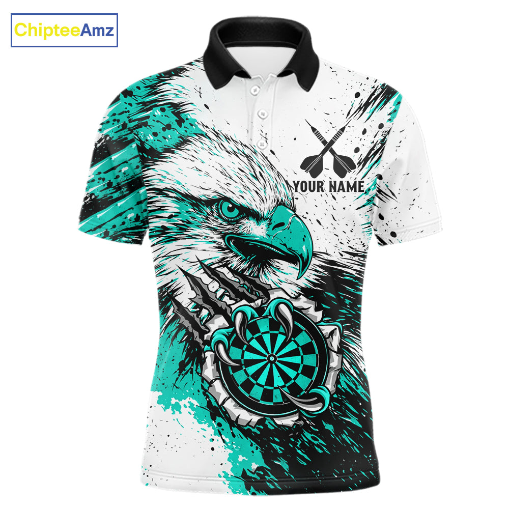Custom Turquoise Grunge Eagle Scratch Dartboard men's darts polo shirt, personalized dart team jersey, custom dart uniform, dart league apparel, tournament darts shirt, professional dartboard polo