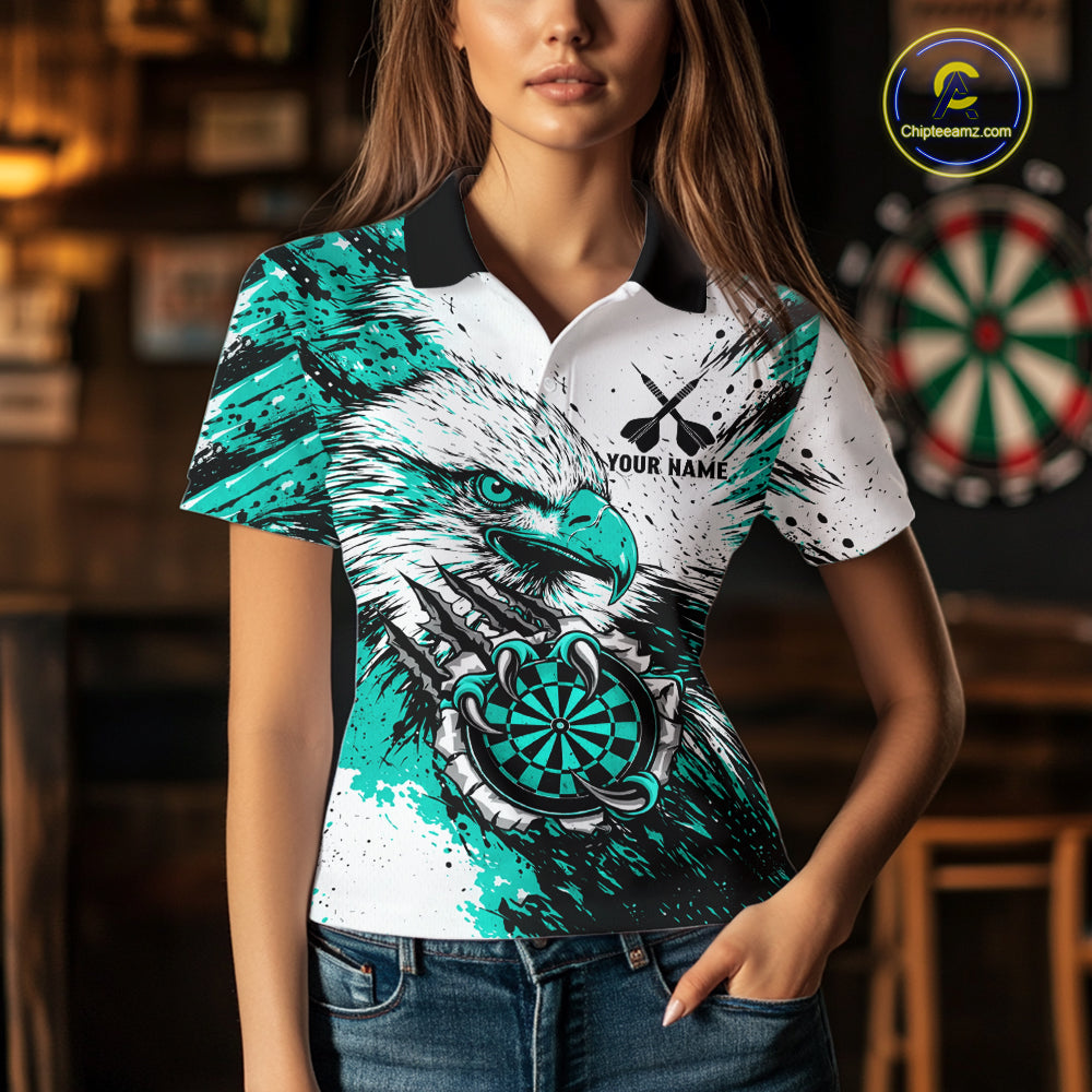 Female darts player wearing Custom Turquoise Grunge Eagle Scratch Dartboard darts jersey during league match and tournament competition, personalized dart apparel