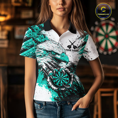 Female darts player wearing Custom Turquoise Grunge Eagle Scratch Dartboard darts jersey during league match and tournament competition, personalized dart apparel