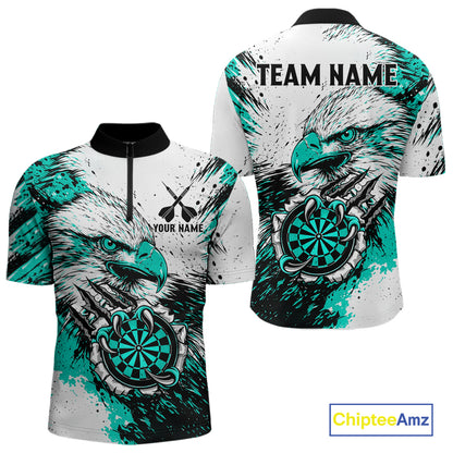 Custom Turquoise Grunge Eagle Scratch Dartboard men's quarter zip darts shirt, personalized dart team jersey, custom darts apparel, competitive darts uniform, dartboard quarter zip shirt