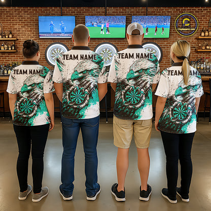 Men women darts team wearing Custom Turquoise Grunge Eagle Scratch Dartboard matching team uniforms, professional dart league jerseys and tournament apparel