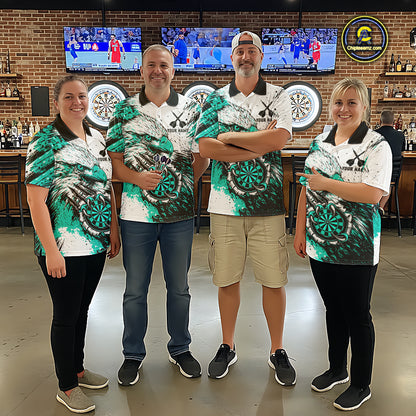 Men women darts team wearing Custom Turquoise Grunge Eagle Scratch Dartboard matching team uniforms, professional dart league jerseys and tournament apparel