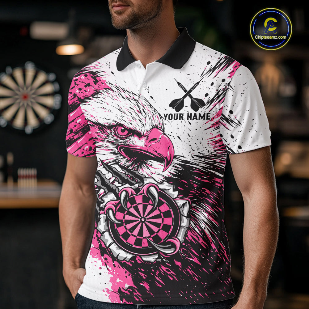 Male darts player wearing Custom Pink Grunge Eagle Scratch Dartboard darts jersey during tournament and league competition, personalized dart team apparel