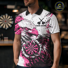 Load image into Gallery viewer, Male darts player wearing Custom Pink Grunge Eagle Scratch Dartboard darts jersey during tournament and league competition, personalized dart team apparel