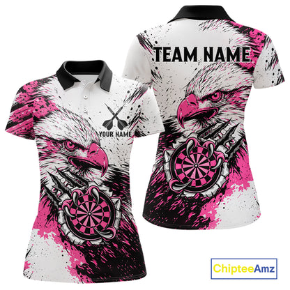 Custom Pink Grunge Eagle Scratch Dartboard women's darts polo shirt, personalized dart team jersey, ladies darts uniform, custom dartboard polo, tournament darts apparel, competitive darts shirt