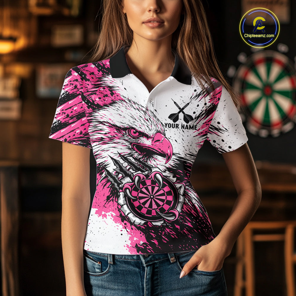 Female darts player wearing Custom Pink Grunge Eagle Scratch Dartboard darts jersey during league competition, custom darts apparel and team uniform