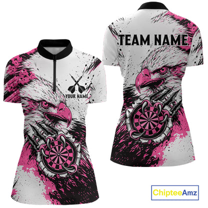 Custom Pink Grunge Eagle Scratch Dartboard women's quarter zip darts shirt, personalized dart team uniform, professional darts apparel, custom dartboard jersey