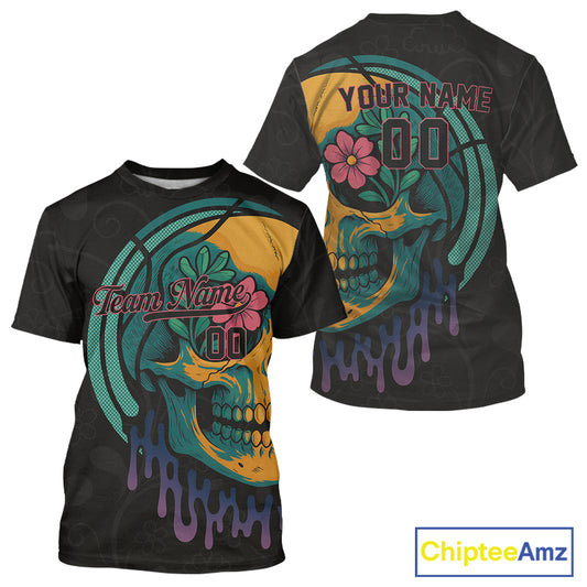 Custom Colorful Skull Flower Baseball Halloween T-Shirt For Men Outfits Baseball Shirts NYN1470