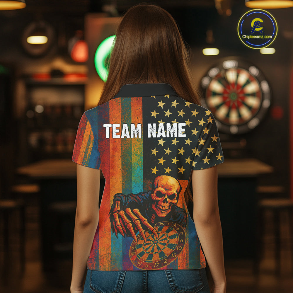 Custom Grunge Colorful US Flag Grim Reaper Dart Women Polo Jerseys Patriotic Dart Gifts NYN1722