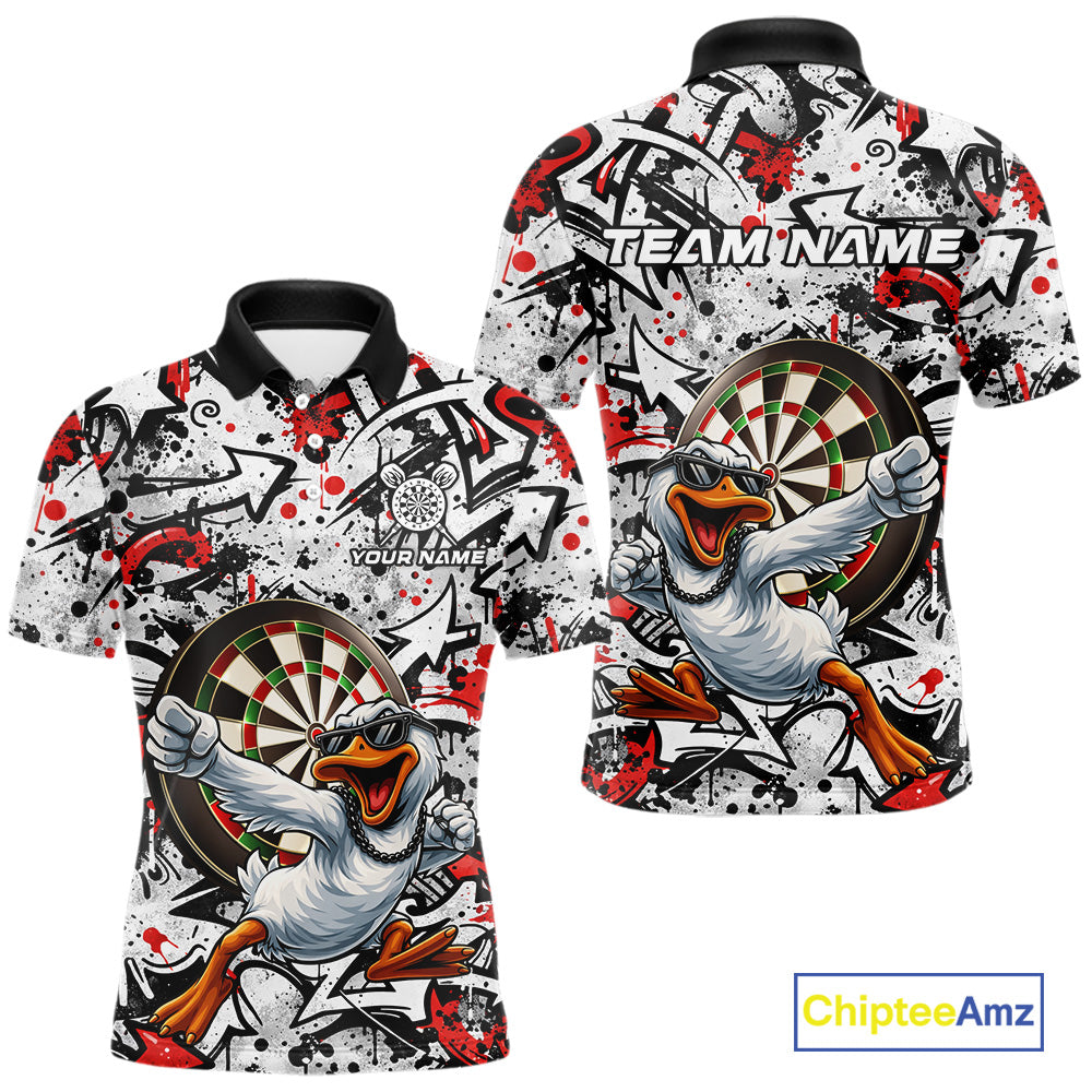 Personalized White & Red Graffiti Darts Men Polo & 1/4-Zip Dart Shirt Funny Duck Dart Team Jerseys NYN2901