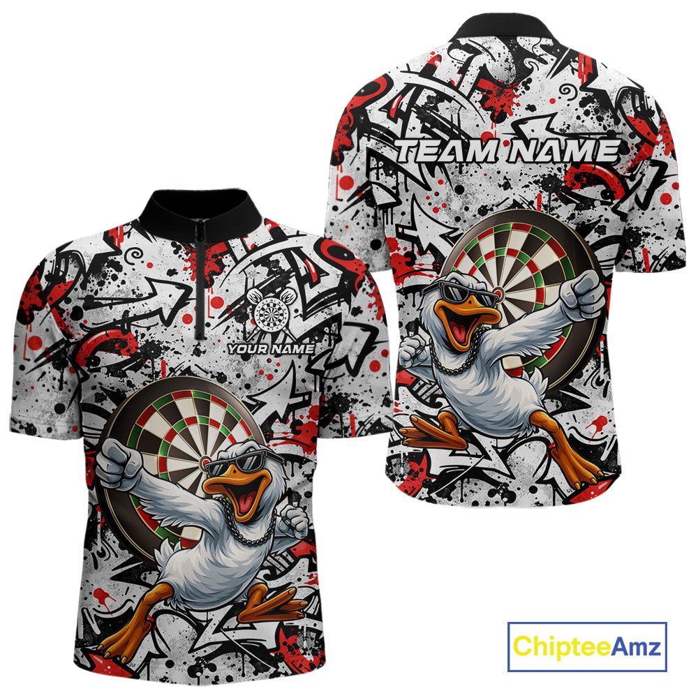 Personalized White & Red Graffiti Darts Men Polo & 1/4-Zip Dart Shirt Funny Duck Dart Team Jerseys NYN2901