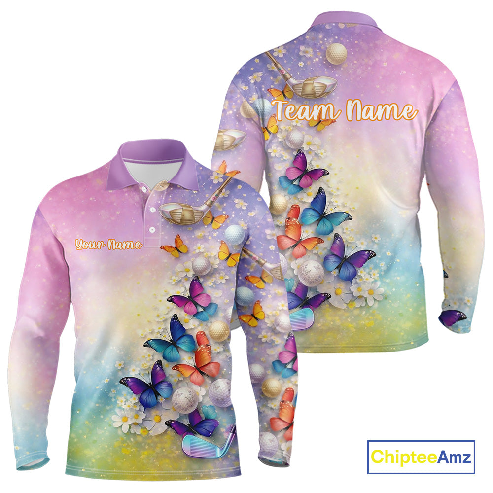 Colorful Butterfly Mens Golf Polo Shirt Custom Name Floral Watercolor Golf Shirts NYN2905