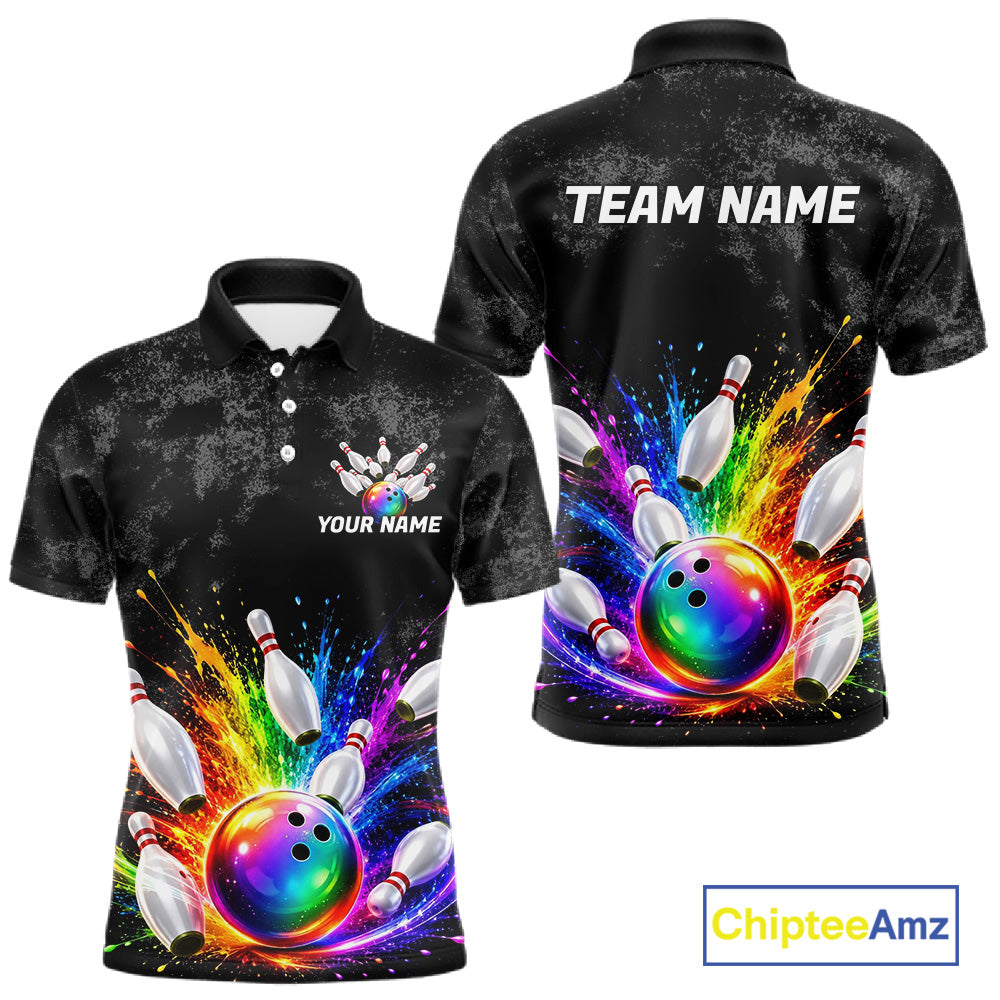 Rainbow Splatter Bowling Ball & Pins Shirt For Men Custom Colorful Paint Bowling Team Outfits NYN3283