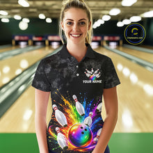 Load image into Gallery viewer, Rainbow Splatter Bowling Ball &amp; Pins Shirt For Women Custom Colorful Paint Bowling Team Outfits NYN3283