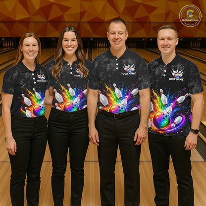 Rainbow Splatter Bowling Ball & Pins Shirt For Men Custom Colorful Paint Bowling Team Outfits NYN3283