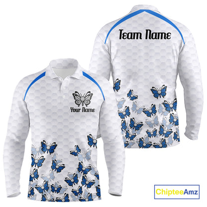 Blue Pattern Butterfly Mens Golf Polo Shirt Custom Name White Ball Golf Clothes Shirts NYN2909