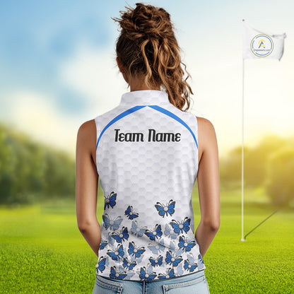 Blue Pattern Butterfly Womens Sleeveless Golf Polo Shirt Custom Name White Ball Golf Clothes Shirts NYN2909