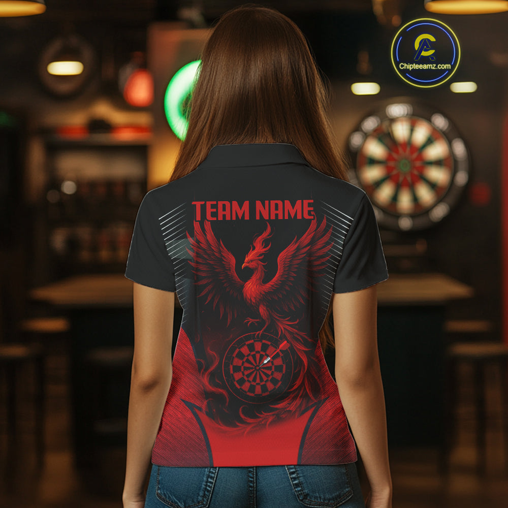 Custom Dart Team Shirt With Black Maroon Phoenix For Women - Personalized Name & Team NYN0333